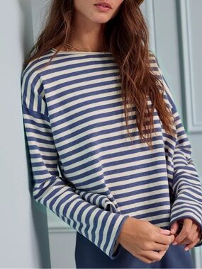 Aerie Sunday Soft Boatneck Sweater in Marbled Blue Striped